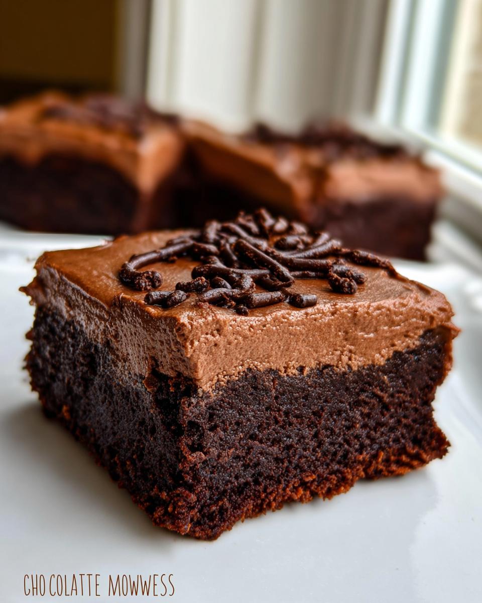 A close-up of a rich Chocolate Mousse Brownie slice, topped with chocolate frosting and sprinkles.