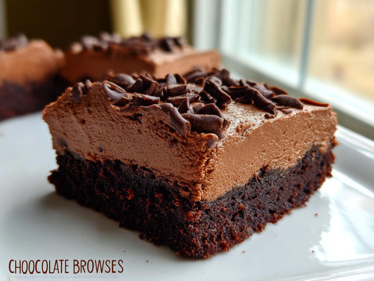 A rich slice of Chocolate Mousse Brownies, featuring a dense brownie base topped with creamy chocolate mousse and chocolate shavings.
