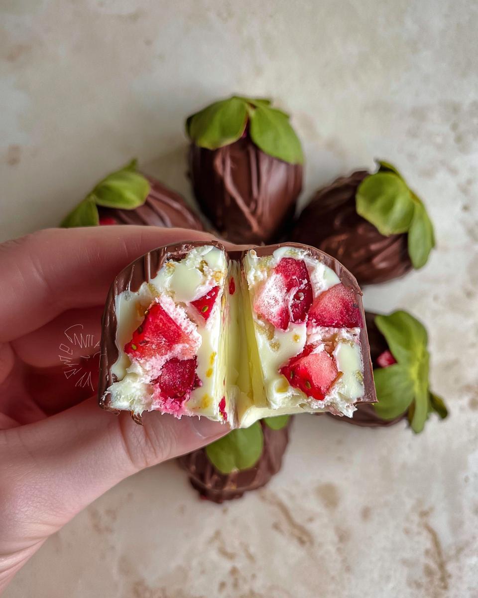 A hand holds a cut-in-half chocolate strawberry yogurt cluster, revealing freeze-dried strawberries and creamy yogurt filling.