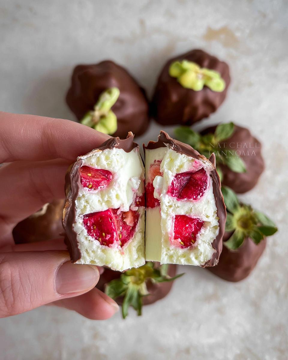 A hand holding a cut-open chocolate-covered strawberry yogurt cluster, revealing fresh strawberry pieces inside.