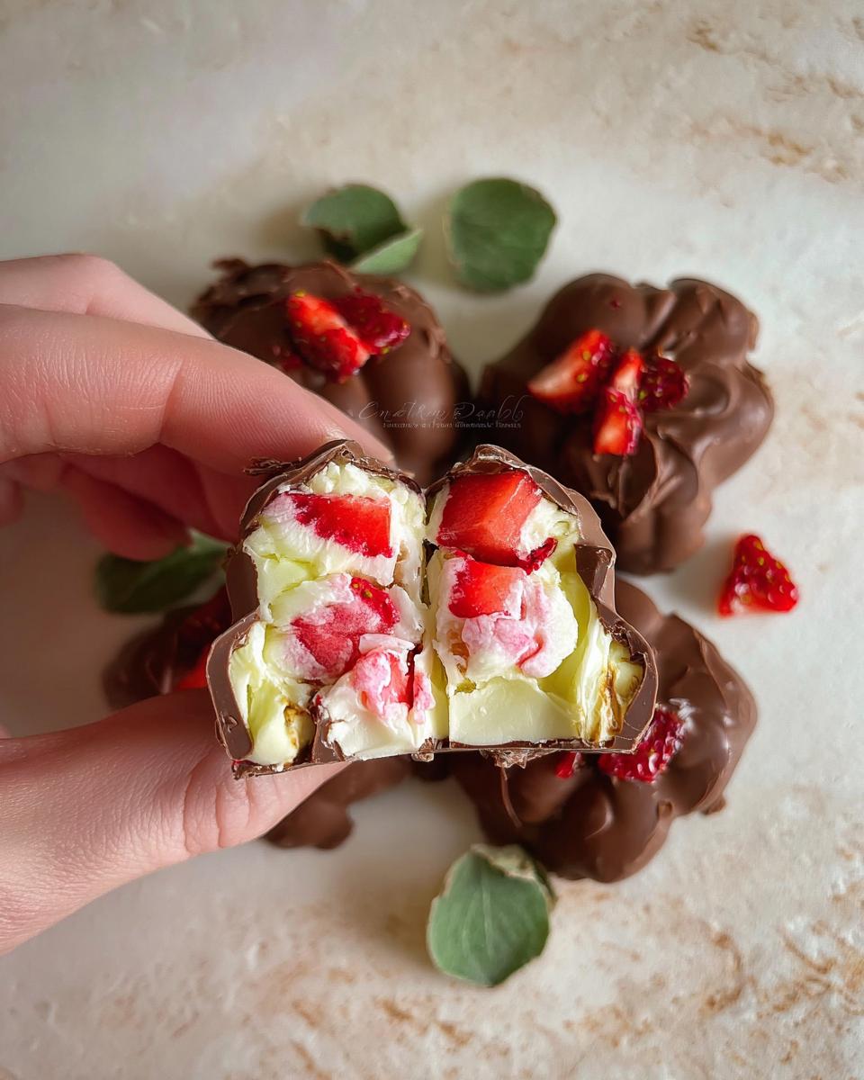 A hand holding a broken Chocolate Strawberry Yogurt Cluster, revealing the creamy yogurt and fresh strawberry filling.