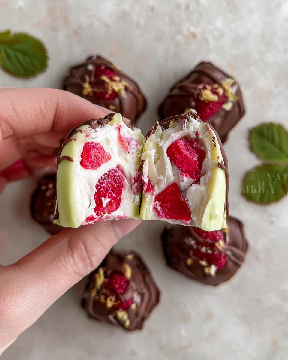 A hand holding a broken Chocolate Strawberry Yogurt Cluster, revealing creamy yogurt and fresh strawberries inside.