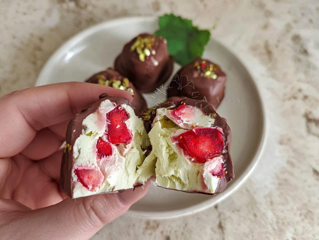 A hand holding a chocolate-covered strawberry yogurt cluster, revealing freeze-dried strawberries and creamy yogurt inside. Chocolate Strawberry Yogurt Clusters Recipe.