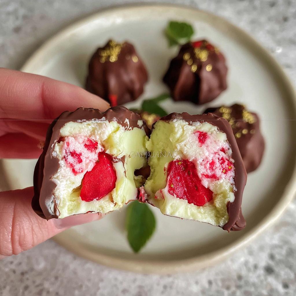 A chocolate-covered strawberry yogurt cluster broken in half, revealing fresh strawberries and creamy yogurt filling.