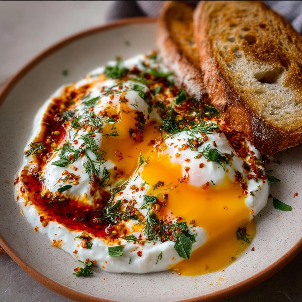 Close-up of Çılbır: Turkish eggs served on creamy yogurt, drizzled with chili butter sauce and fresh herbs, with toast on the side.