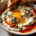 A close-up of Çılbır, Turkish Eggs with Creamy Yogurt & Butter Sauce, featuring runny yolks, creamy yogurt, and a spiced butter sauce.