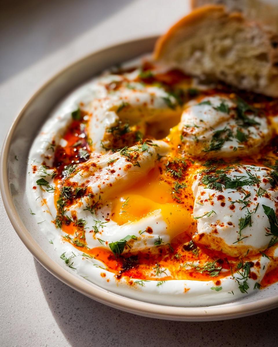 A close-up of Çılbır, Turkish eggs served over creamy yogurt with a spiced butter sauce and fresh herbs.