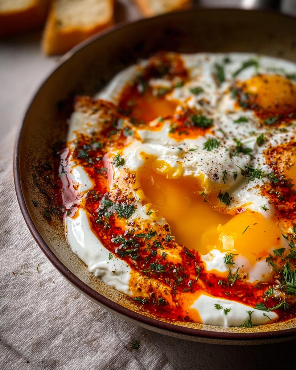 A close-up of Çılbır, Turkish eggs served over creamy yogurt with a drizzle of spiced butter sauce and fresh herbs.