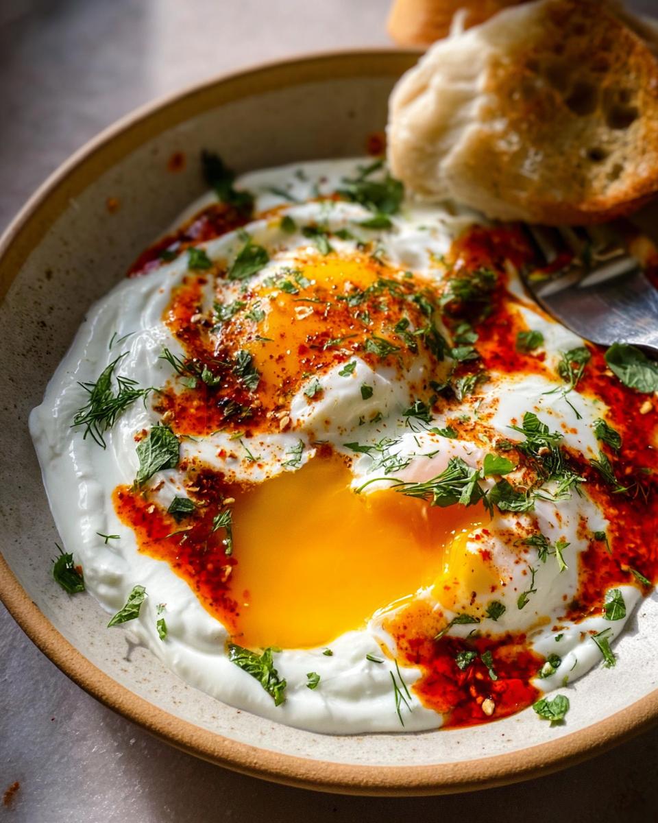 A close-up of Çılbır, Turkish eggs served over creamy yogurt, drizzled with chili butter sauce and fresh herbs.