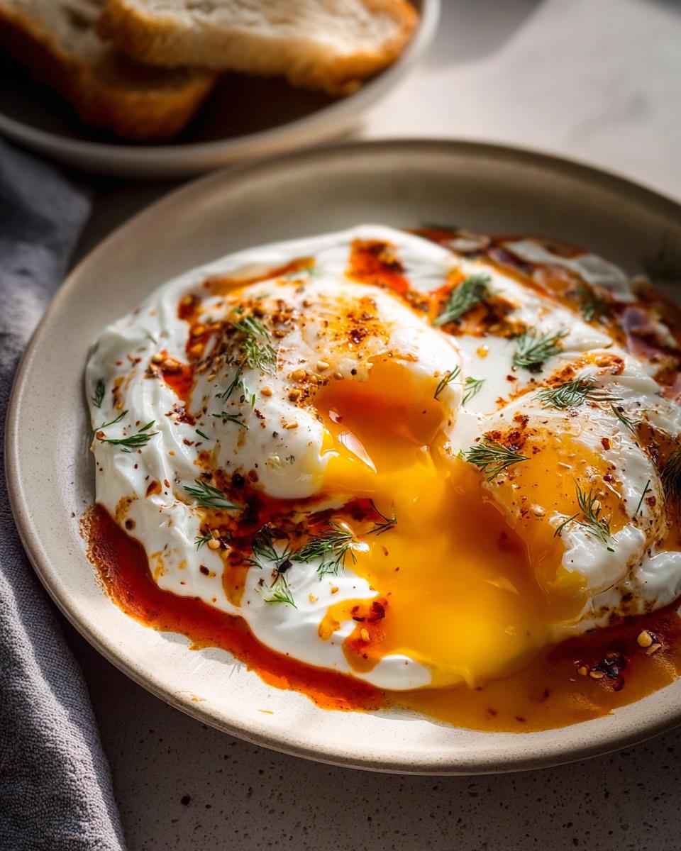 A close-up of Çılbır, Turkish Eggs with Creamy Yogurt & Butter Sauce, with runny yolks and drizzled chili butter.