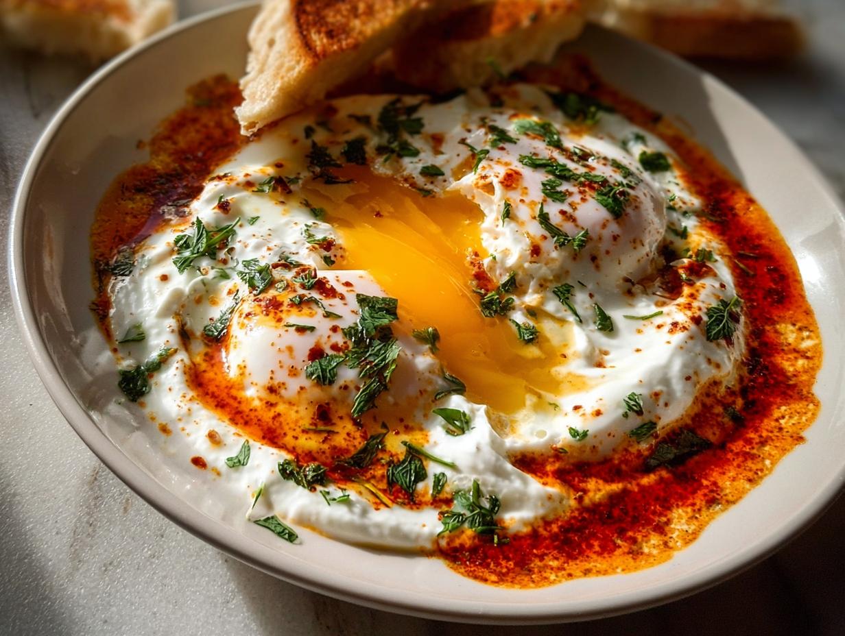 A close-up of Çılbır, Turkish Eggs with Creamy Yogurt & Butter Sauce, featuring runny yolks, creamy yogurt, and a spiced butter sauce.