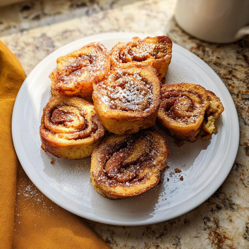 A plate of golden-brown Cinnamon Roll French Toast Bites, dusted with powdered sugar.