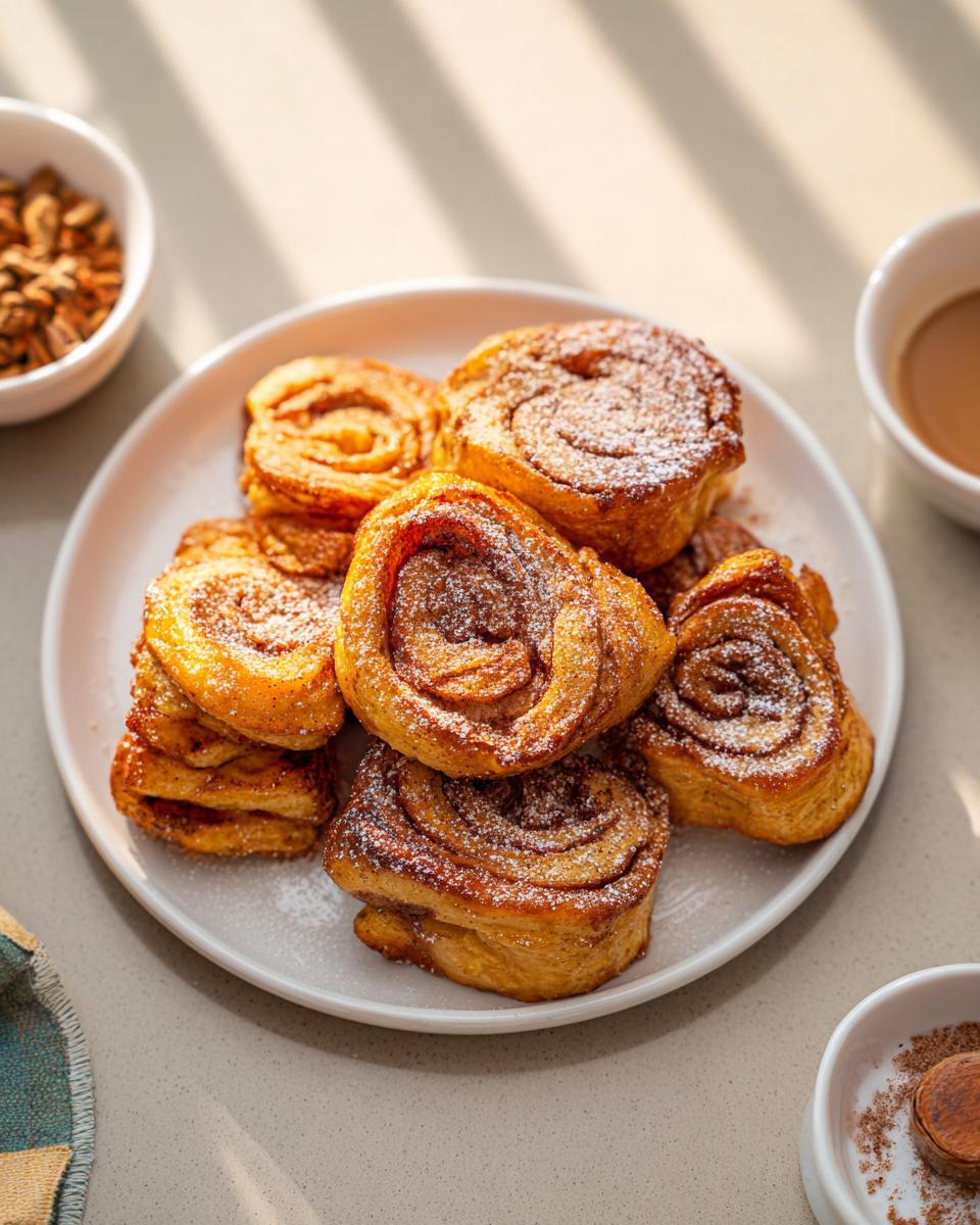 A plate piled high with golden brown Cinnamon Roll French Toast Bites, dusted with powdered sugar.