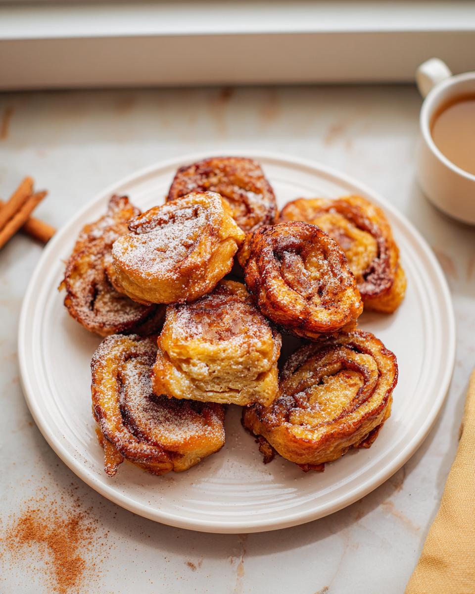 A pile of golden brown Cinnamon Roll French Toast Bites dusted with powdered sugar on a white plate.