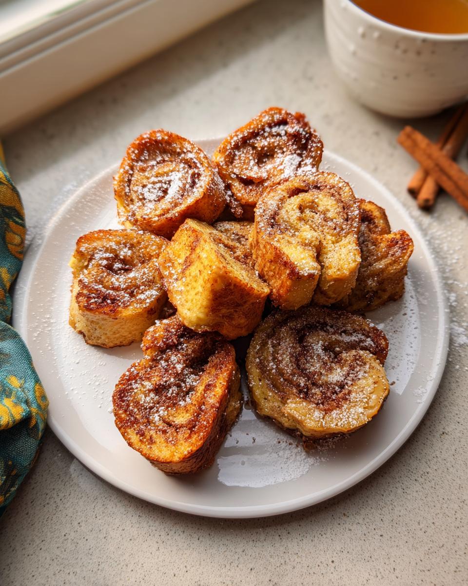 A plate piled high with delicious Cinnamon Roll French Toast Bites, dusted with powdered sugar.