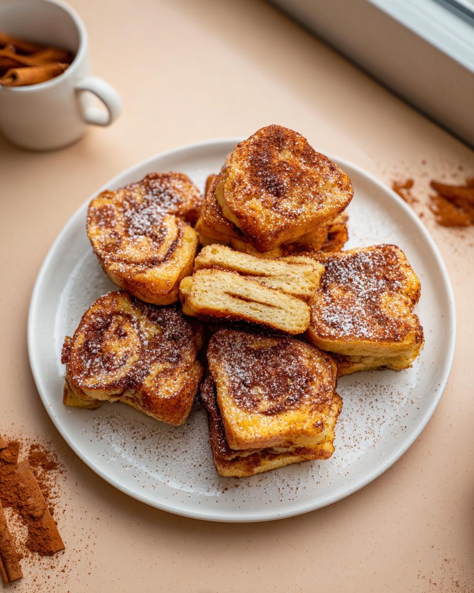 A plate piled high with Cinnamon Roll French Toast Bites, dusted with powdered sugar and cinnamon.