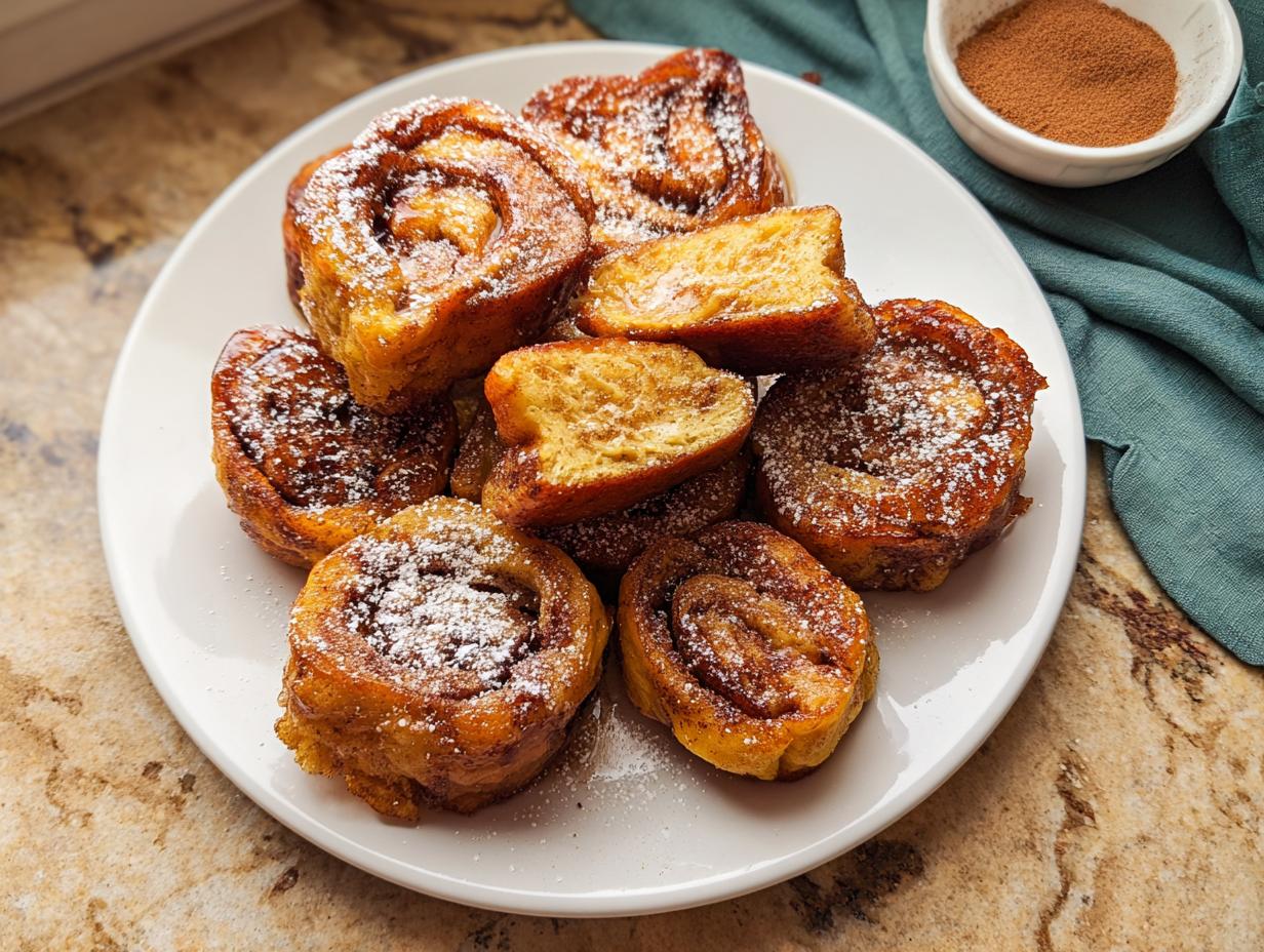 A plate filled with golden brown Cinnamon Roll French Toast Bites, dusted with powdered sugar.