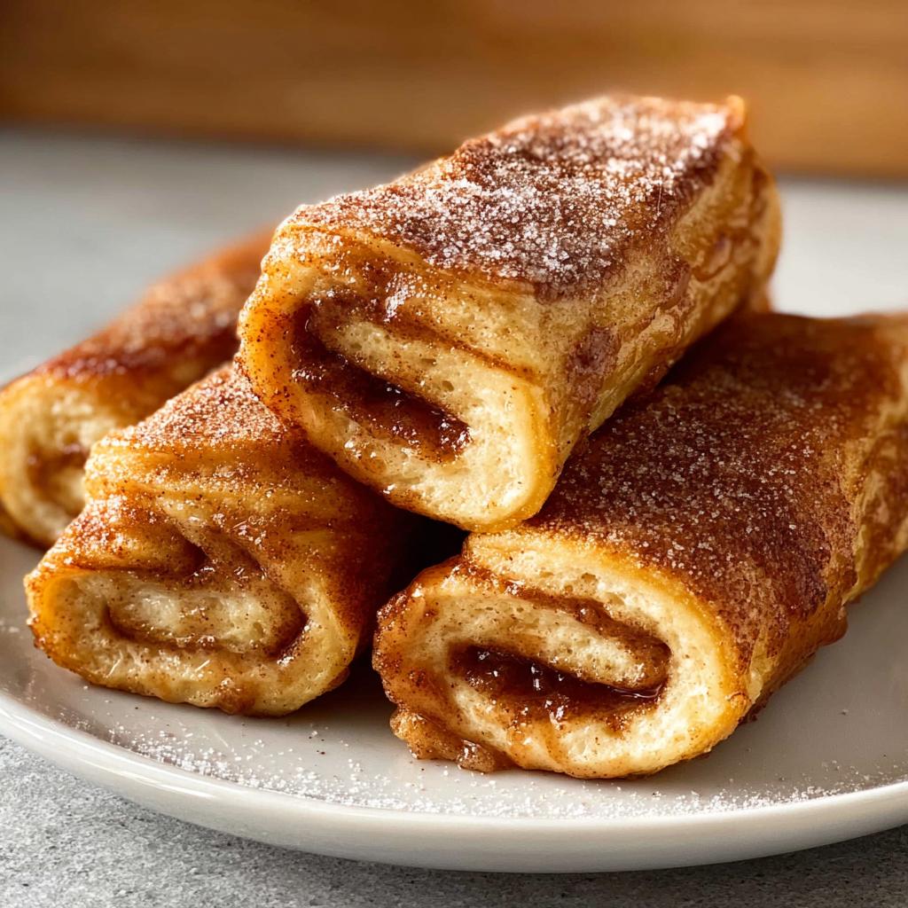 Close-up of Cinnamon Roll French Toast Roll-Ups dusted with powdered sugar on a white plate.