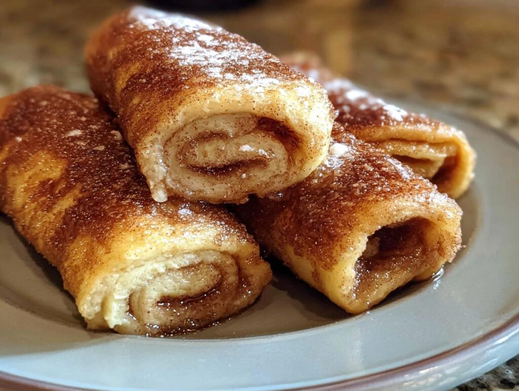 Close-up of delicious Cinnamon Roll French Toast Roll-Ups dusted with powdered sugar on a plate.