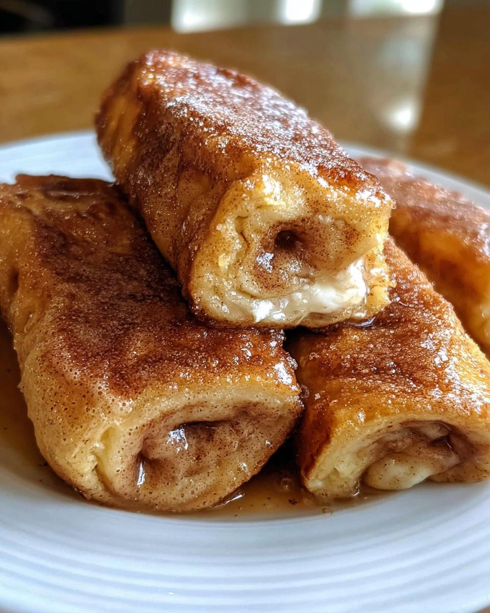 Close-up of Cinnamon Roll French Toast Roll-Ups dusted with powdered sugar and drizzled with syrup.