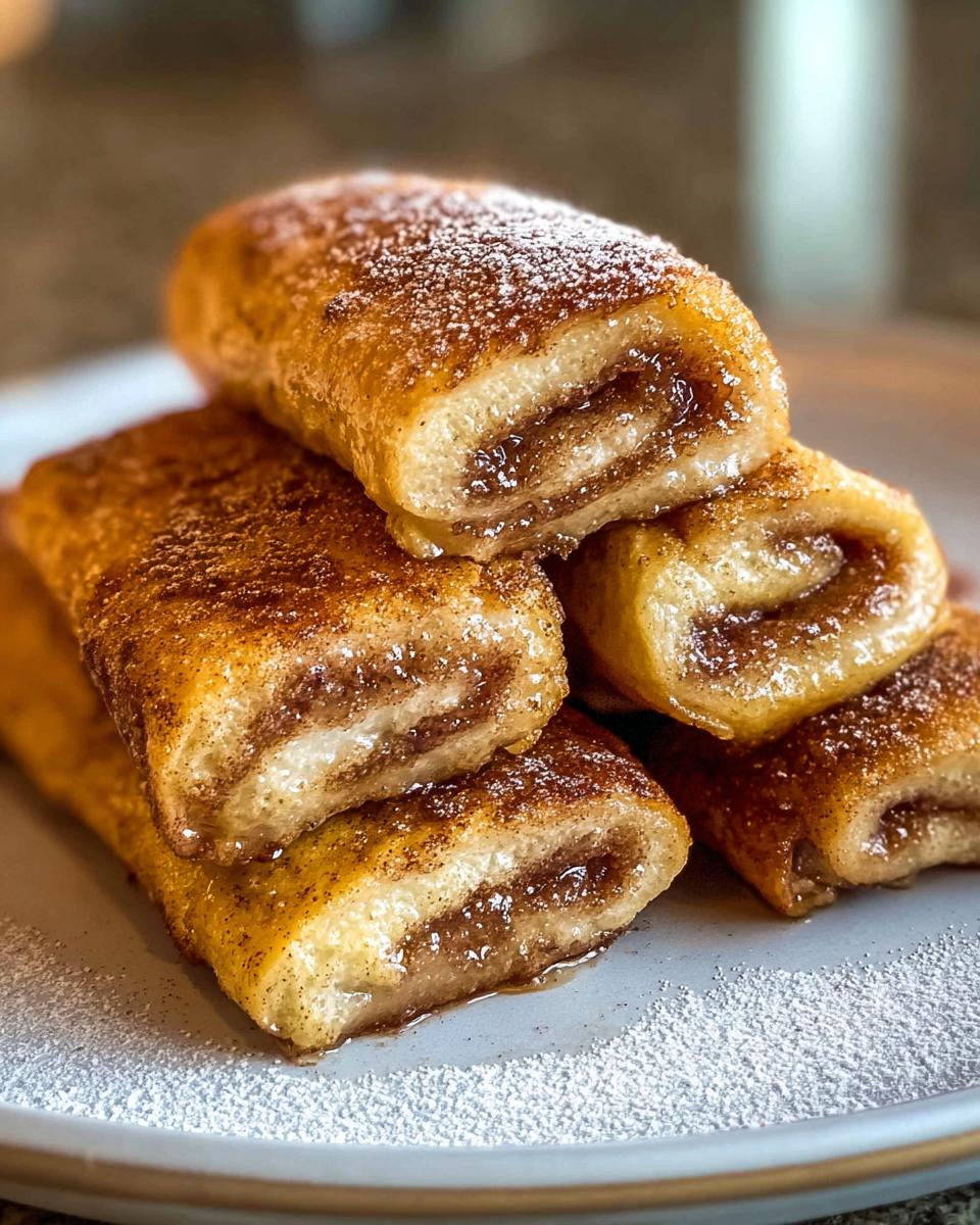 Stack of golden brown Cinnamon Roll French Toast Roll-Ups dusted with powdered sugar and cinnamon.