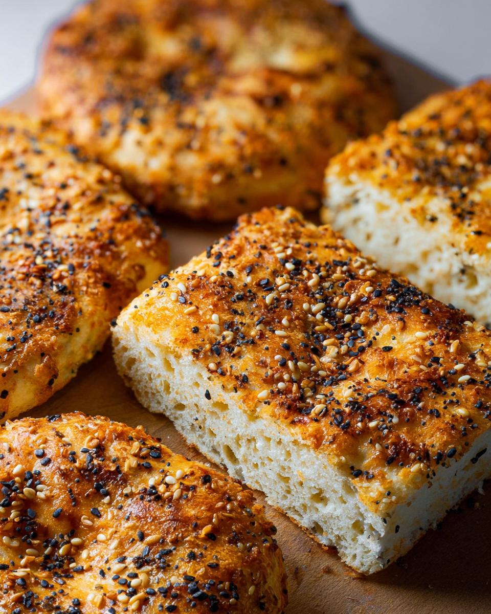 Close-up of freshly baked cottage cheese flagels topped with everything bagel seasoning.