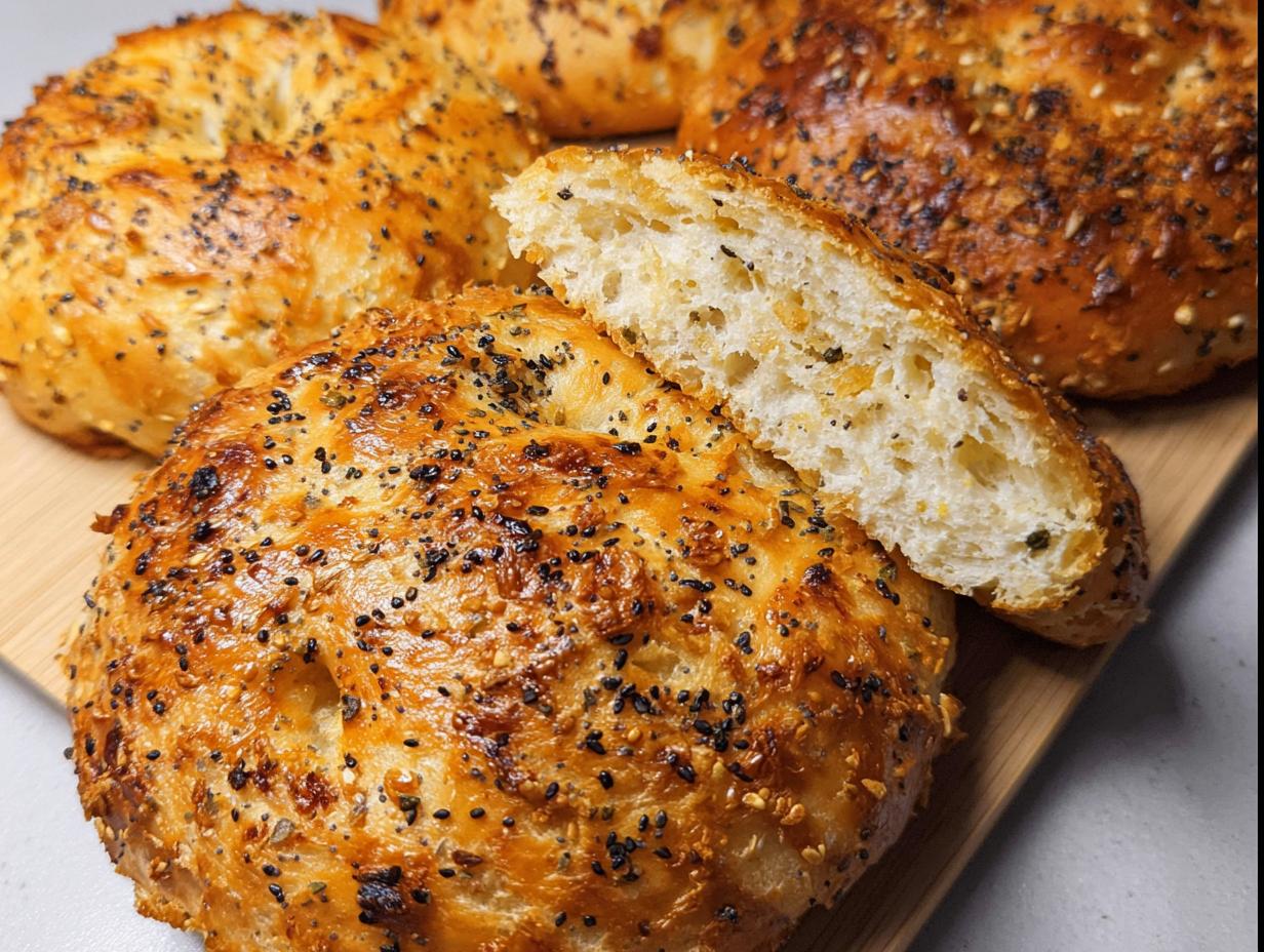 Close-up of freshly baked cottage cheese flagels, one sliced open to reveal a fluffy interior, topped with everything bagel seasoning.