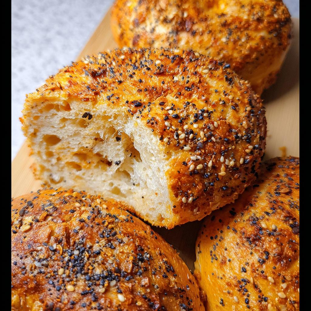 A close-up of freshly baked cottage cheese flagels, one sliced open to reveal a fluffy interior, topped with everything bagel seasoning.