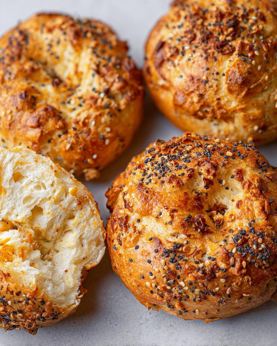 Close-up of golden-brown cottage cheese flagels topped with everything seasoning, one is broken open revealing fluffy interior.