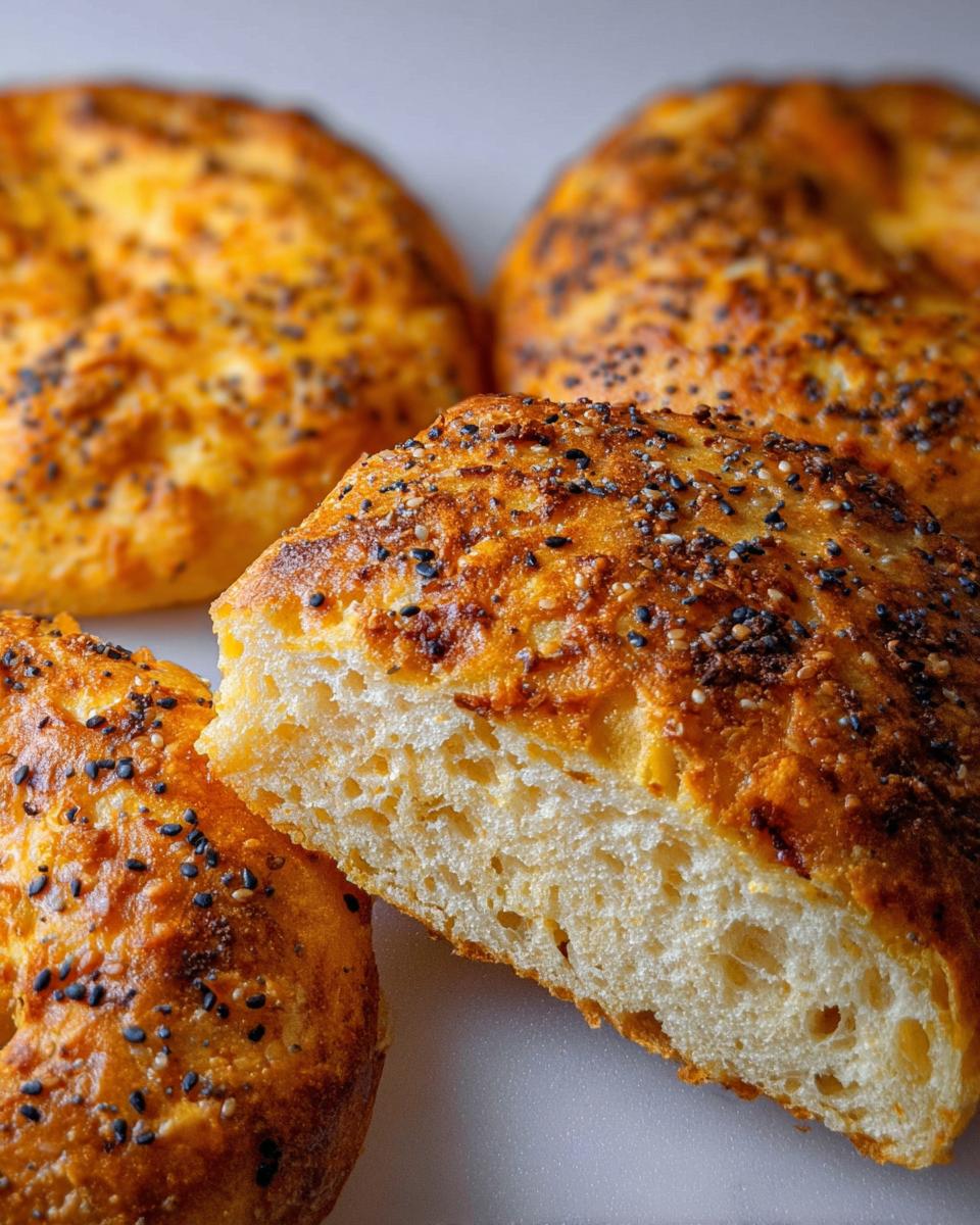 Close-up of a cut Cottage Cheese Flagel, showing its fluffy interior and a golden-brown crust topped with sesame and poppy seeds.