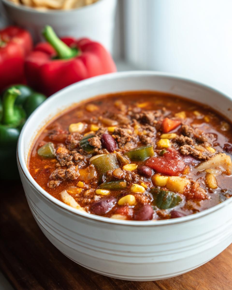 A close-up of a bowl of hearty Cowboy Soup, filled with ground beef, beans, corn, and peppers.