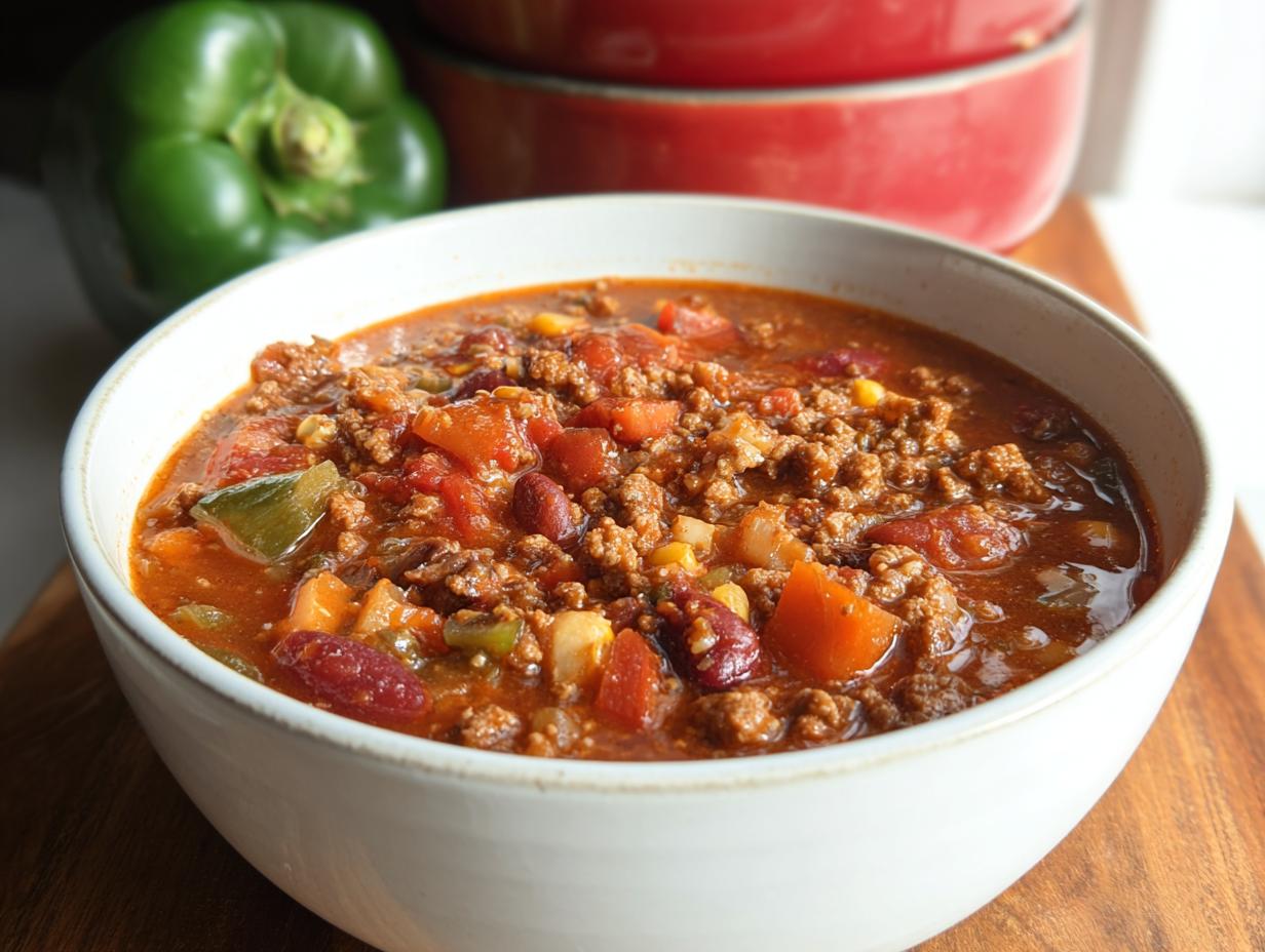 A close-up of a steaming bowl of Cowboy Soup, filled with ground beef, beans, corn, and tomatoes.