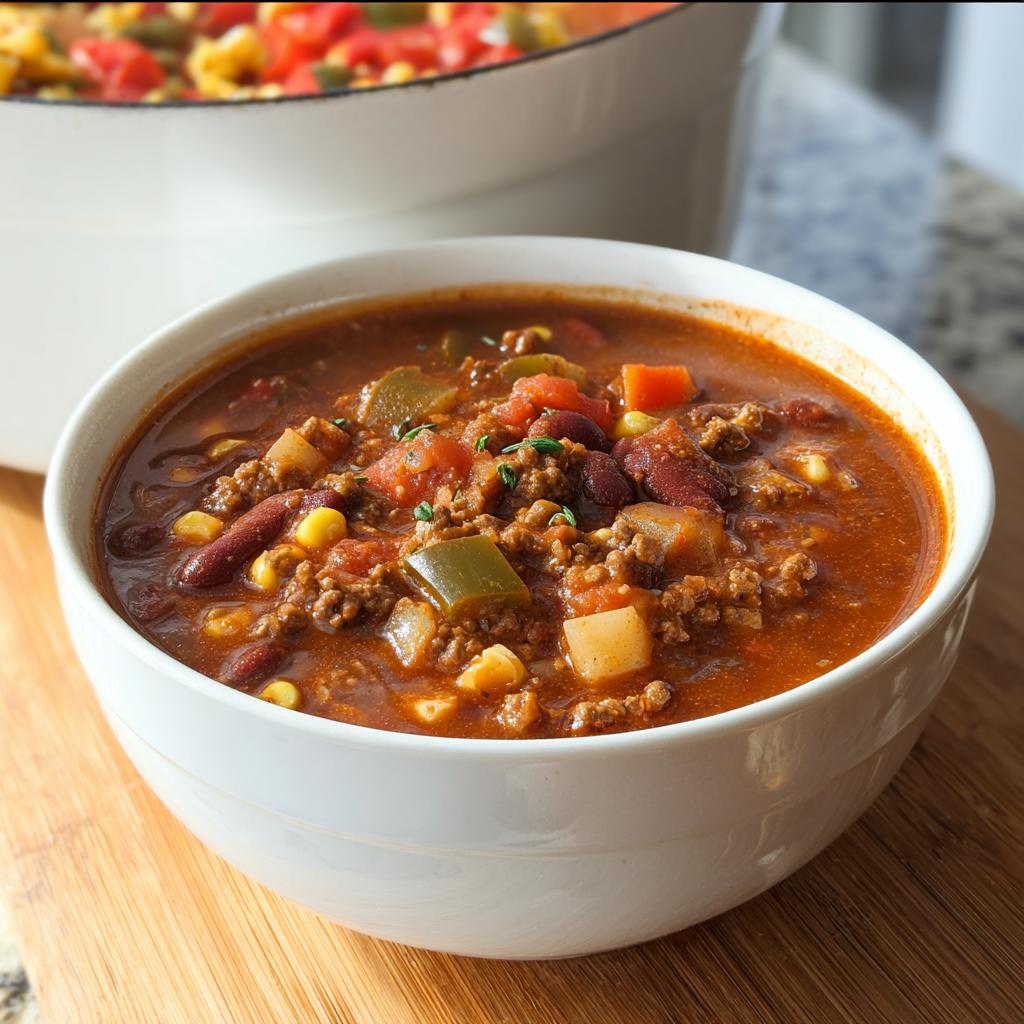 A close-up of a bowl filled with hearty Cowboy Soup, featuring ground beef, beans, corn, and diced vegetables.