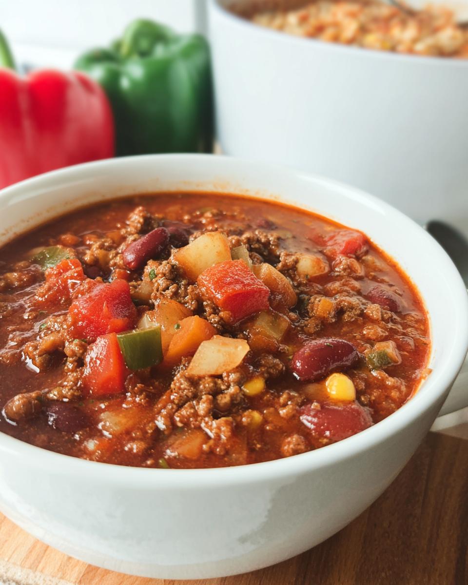A close-up of a steaming bowl of hearty Cowboy Soup, filled with ground beef, beans, potatoes, and corn.