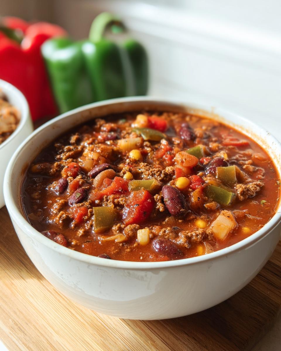 A close-up of a steaming bowl of Cowboy Soup, filled with ground beef, beans, corn, and vegetables.