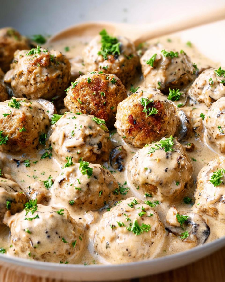 Close-up of delicious Creamy Mushroom Chicken Meatballs covered in a rich sauce and garnished with parsley.