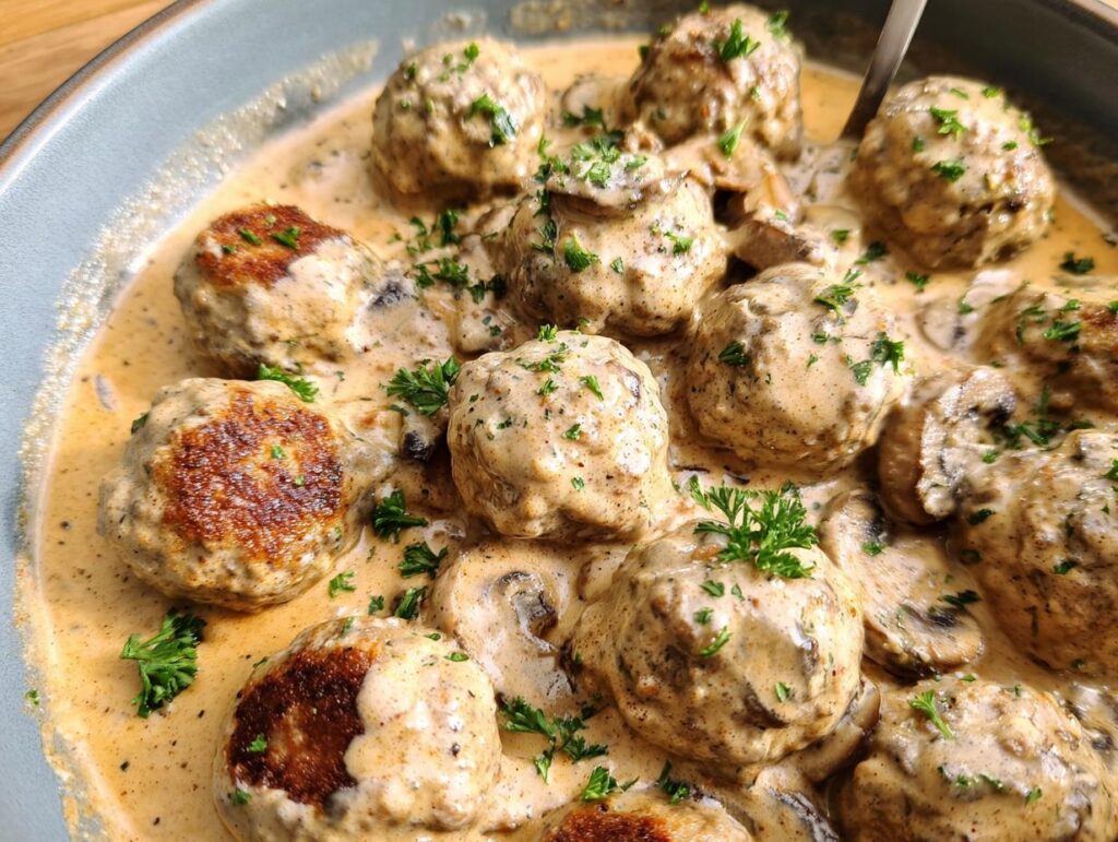 Close-up of delicious Creamy Mushroom Chicken Meatballs simmering in a rich, savory sauce with sliced mushrooms and parsley.