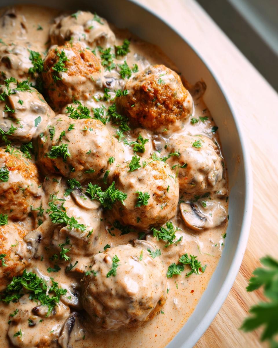 Close-up of delicious Creamy Mushroom Chicken Meatballs in a rich, creamy sauce with sliced mushrooms and parsley.
