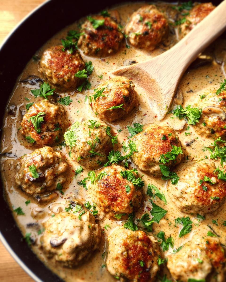 Close-up of Creamy Mushroom Chicken Meatballs in a rich sauce, garnished with parsley.