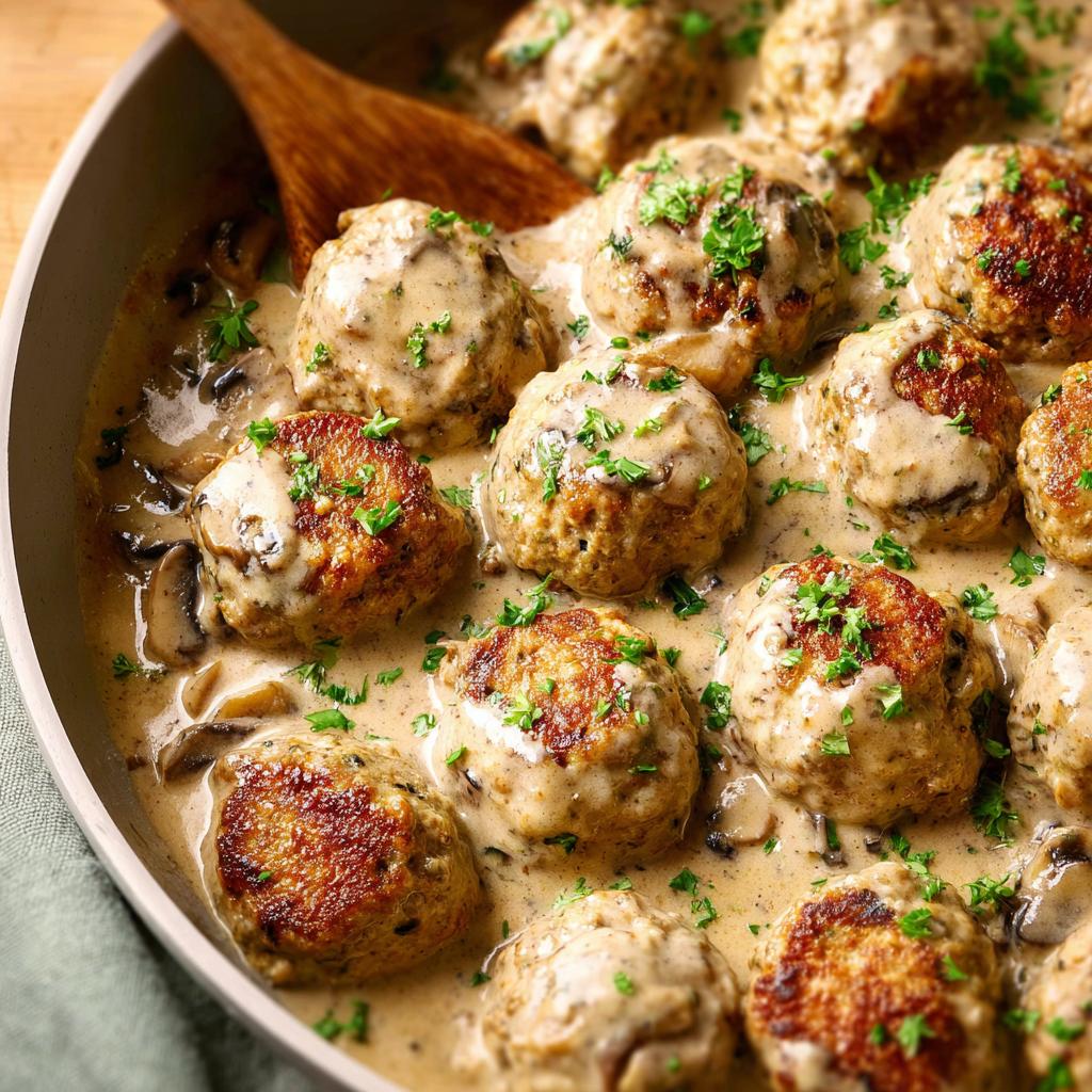 Close-up of golden-brown Creamy Mushroom Chicken Meatballs simmering in a rich, creamy mushroom sauce, garnished with parsley.
