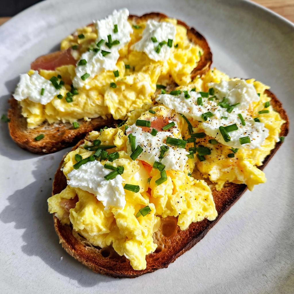 Two slices of Creamy Ricotta Egg Toast topped with fluffy scrambled eggs, dollops of ricotta, and fresh chives.