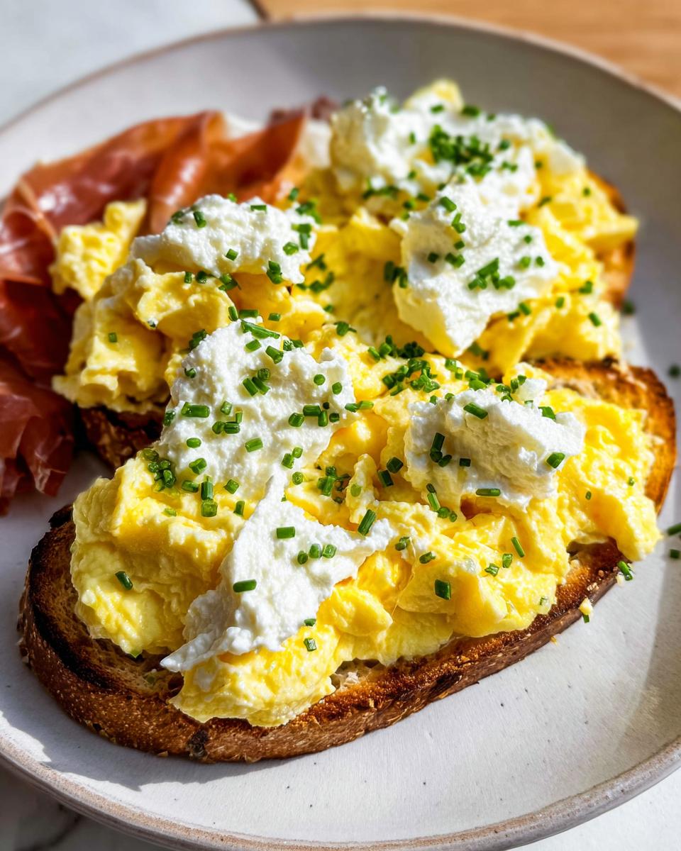 Close-up of Creamy Ricotta Egg Toast topped with fluffy scrambled eggs, dollops of ricotta, and chives, served with prosciutto.