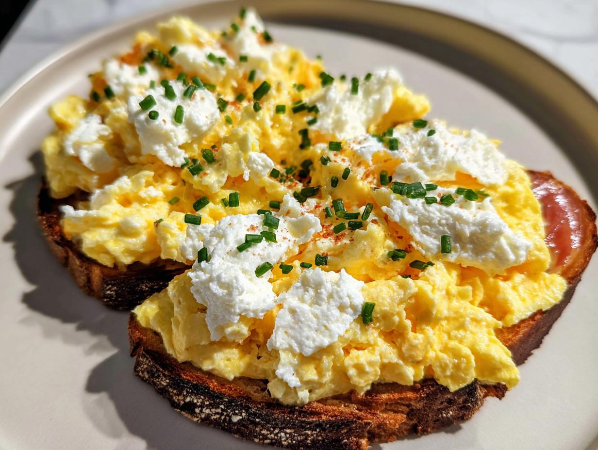 Two slices of toast topped with fluffy scrambled eggs, dollops of ricotta cheese, and fresh chives. A perfect Creamy Ricotta Egg Toast.