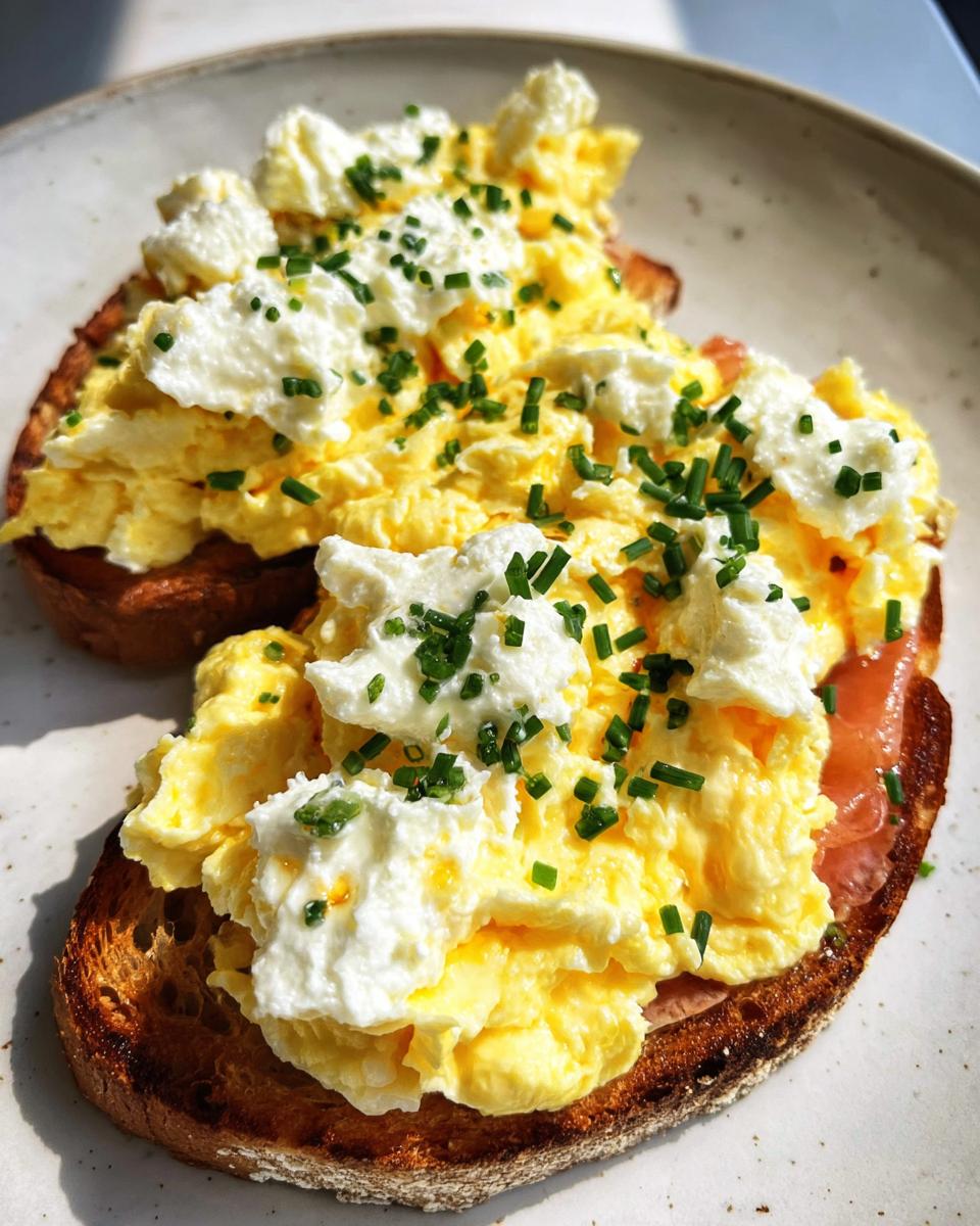 Two slices of Creamy Ricotta Egg Toast topped with fluffy scrambled eggs, dollops of ricotta, and fresh chives.