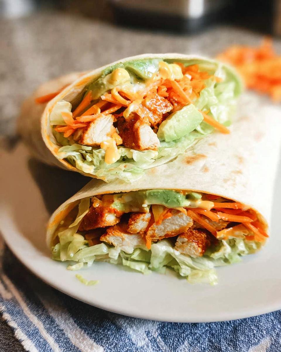 A delicious chicken wrap filled with creamy spinach and eggs, shredded carrots, avocado, and lettuce.