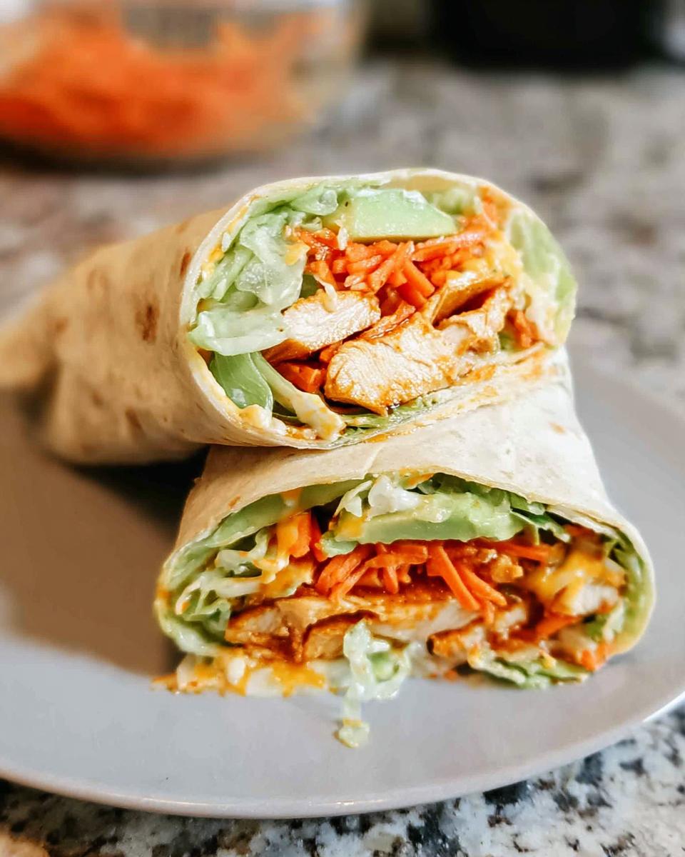 A delicious wrap filled with chicken, shredded carrots, avocado, and lettuce, with a creamy sauce.