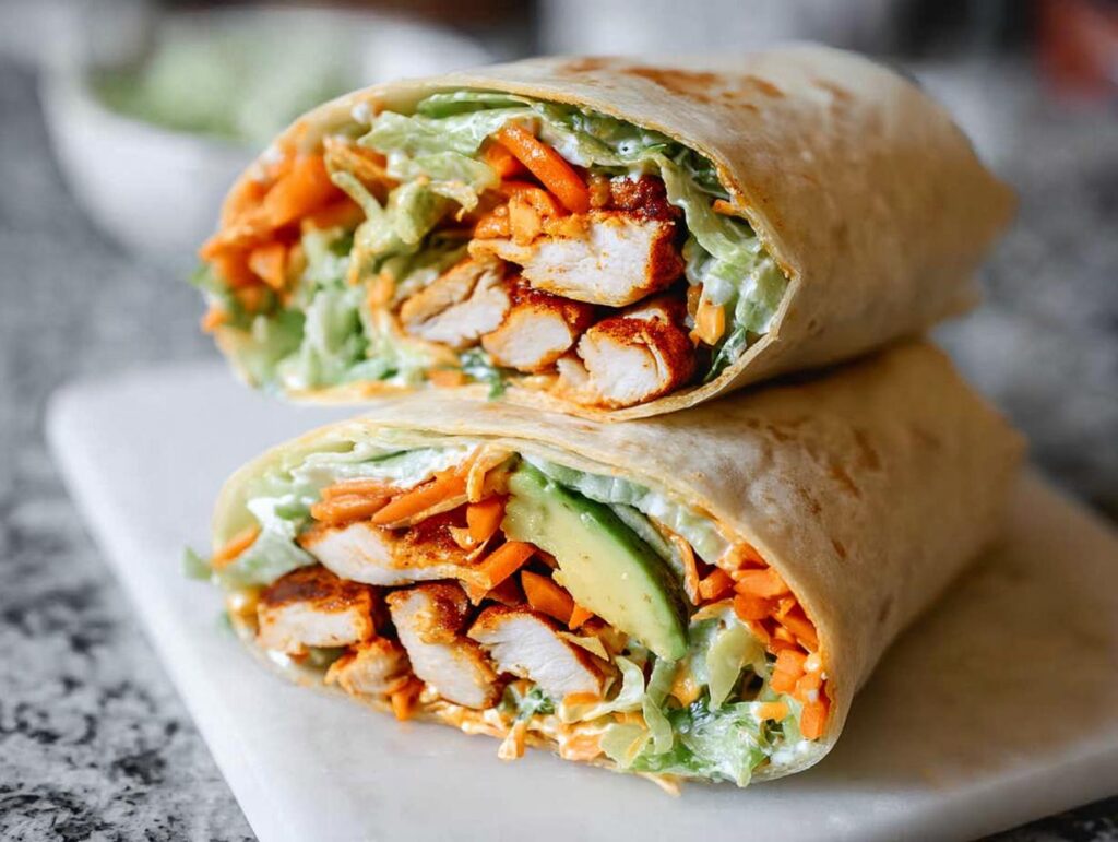 A delicious wrap filled with creamy spinach and eggs, chicken, avocado, and shredded carrots.