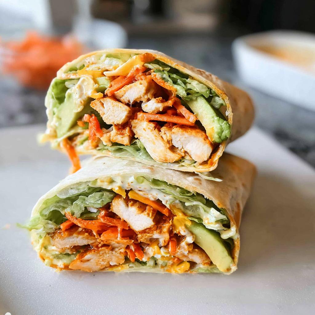 A delicious wrap filled with creamy spinach, eggs, chicken, avocado, and shredded carrots.