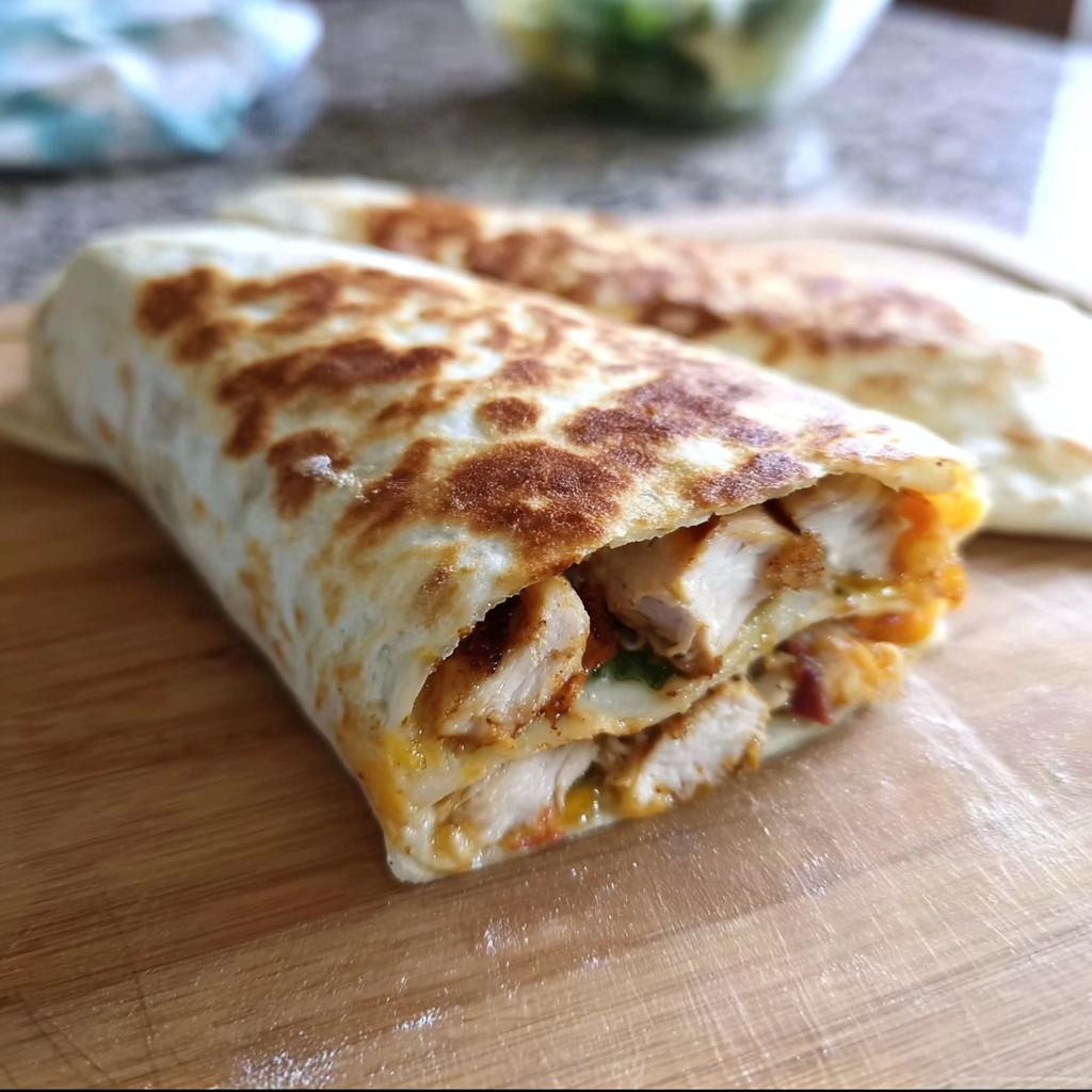 A close-up view of a delicious Crispy Chicken Bacon Wrap, showing tender chicken and melted cheese.