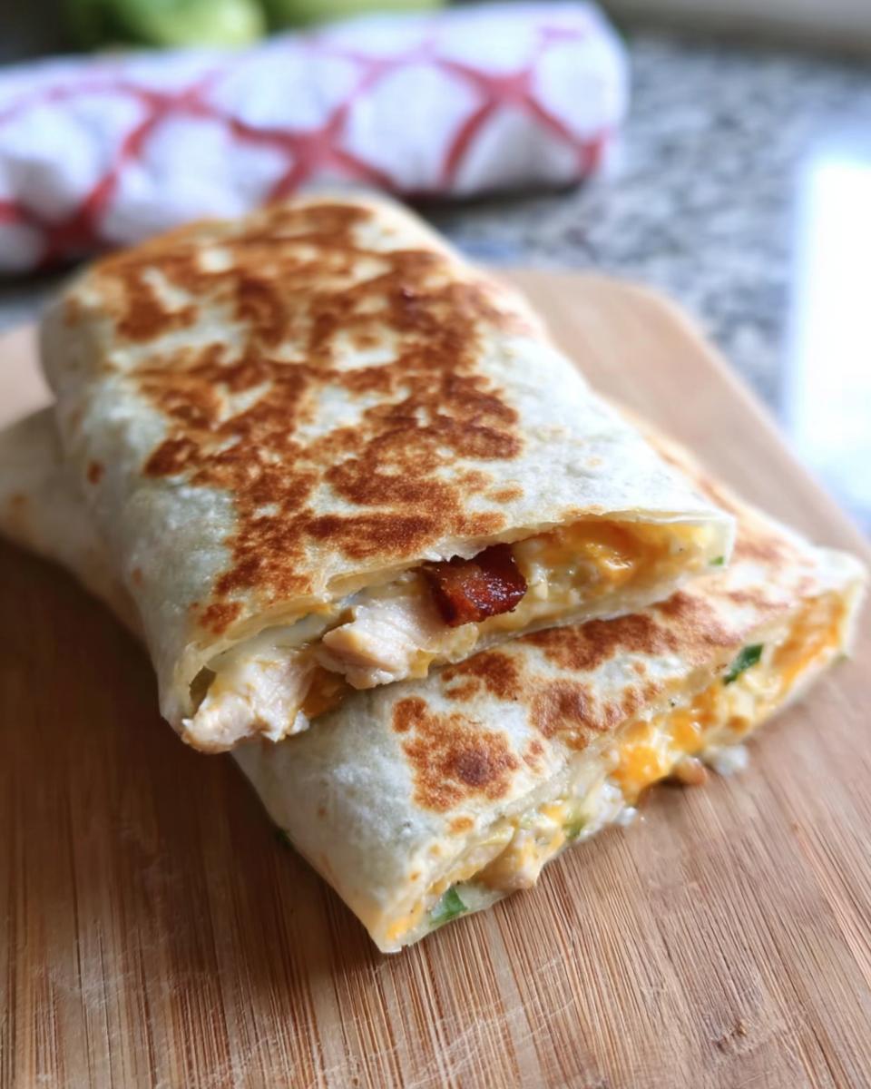 A close-up of a Crispy Chicken Bacon Wrap cut in half, revealing chicken, bacon, melted cheese, and green onions.